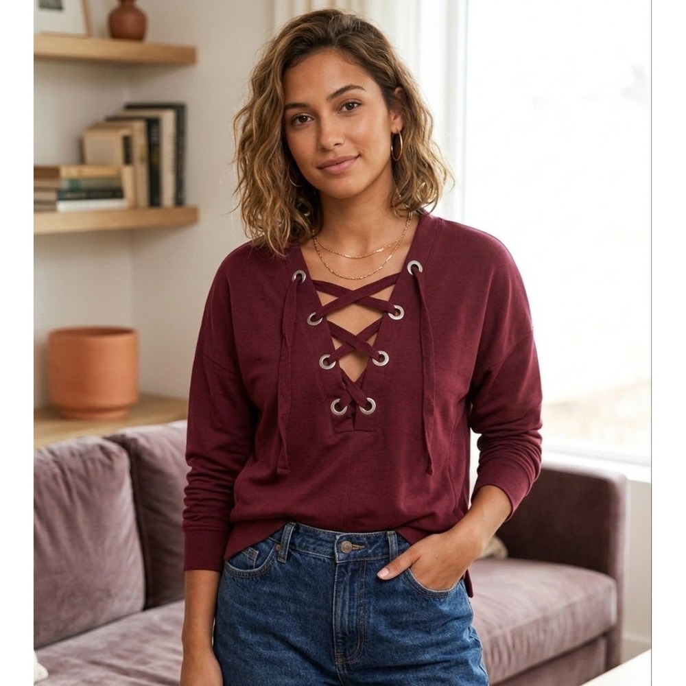 Active USA Burgundy Lace Up Grommet Dolman Sleeve Top Small NWT